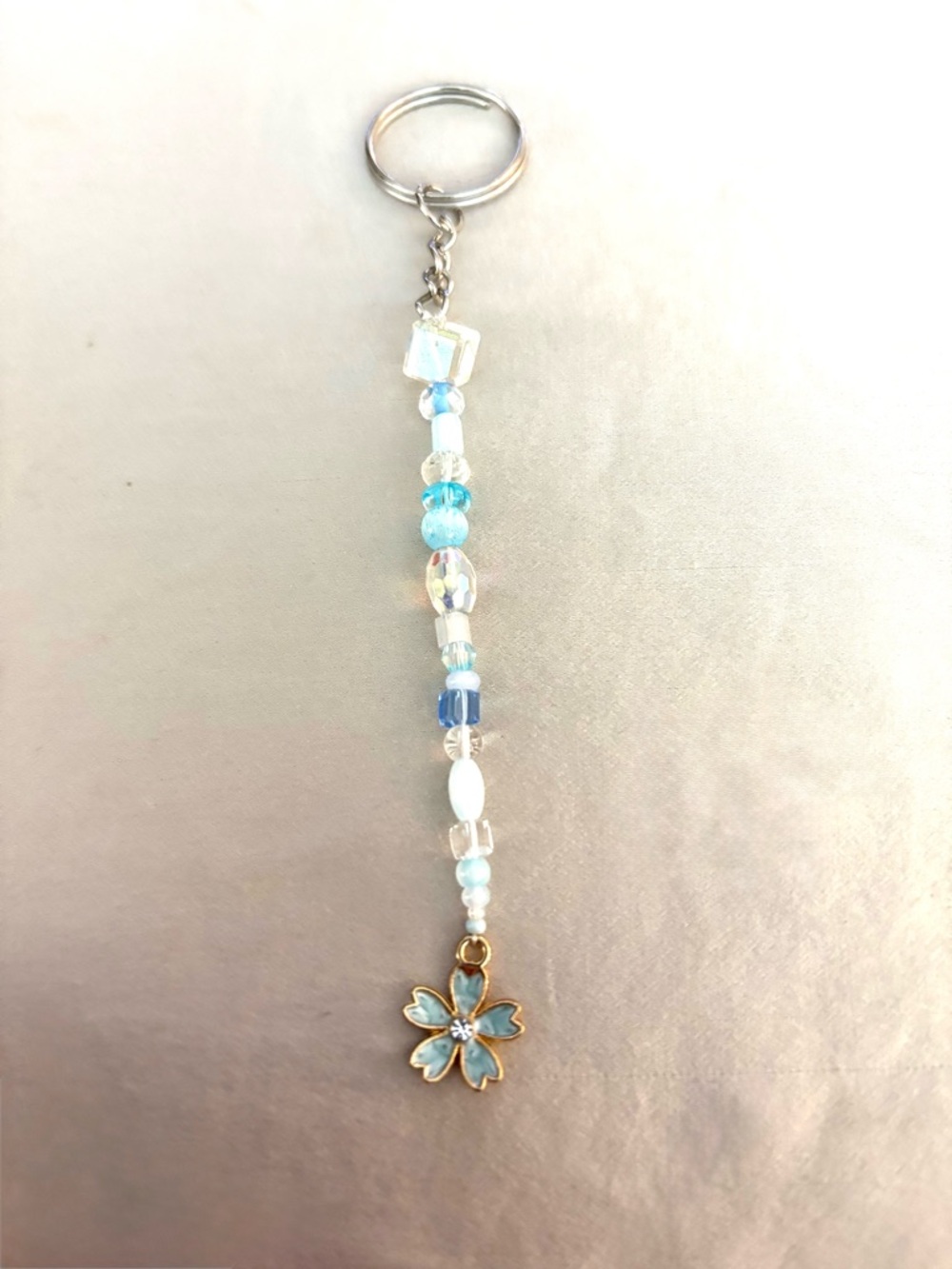 Handmade Blue Floral Bead Keychain - Blue Flower Charm. New.